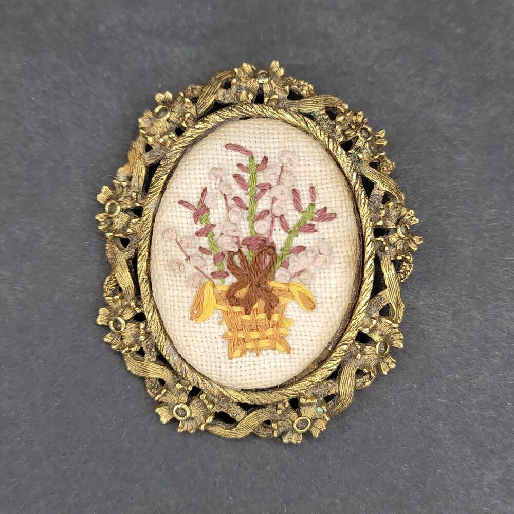 Vintage Petit Point Floral Basket Brooch Pin Gold Tone Filigree Embroidered